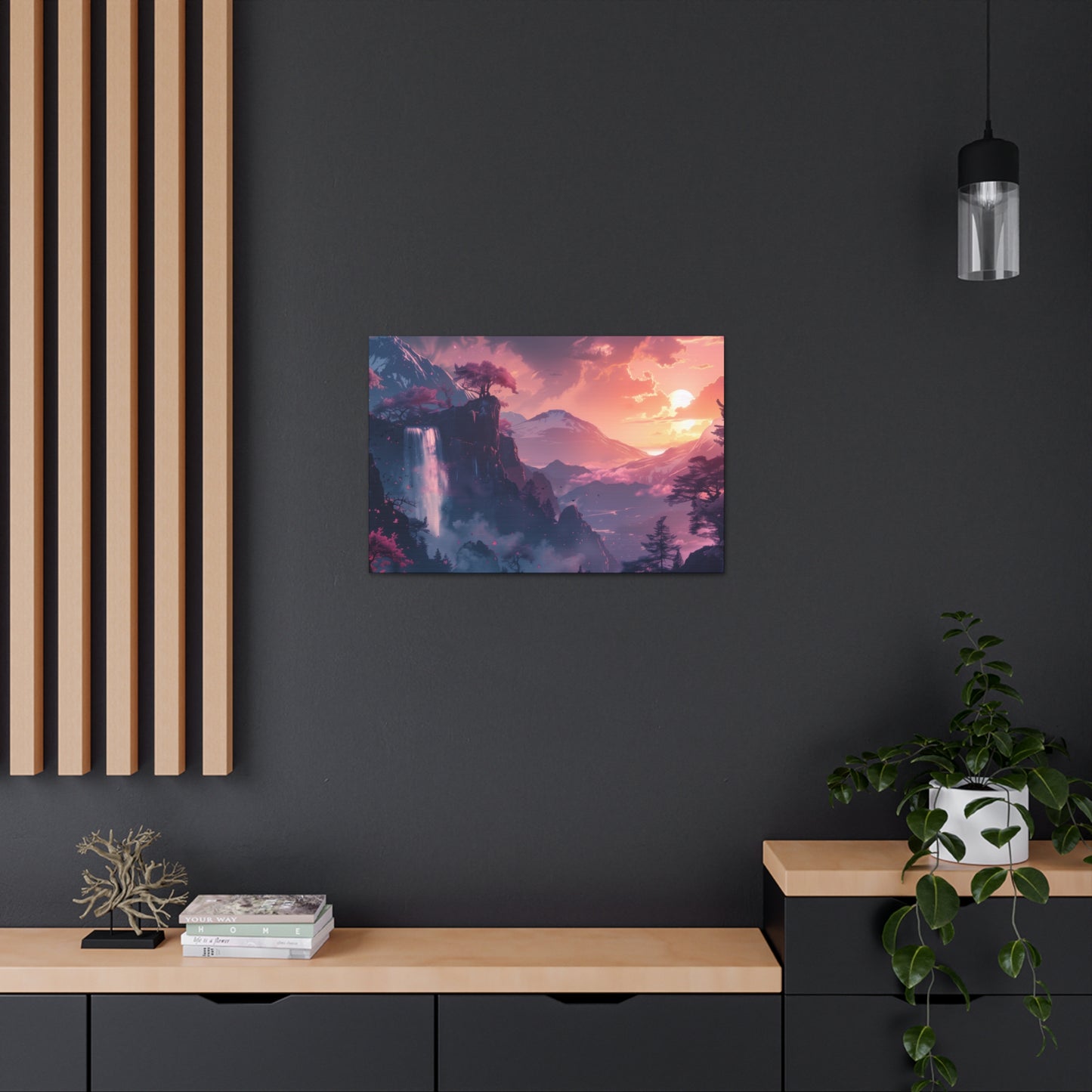 Dreamy Landscape with Waterfall and Mountains - Purple Evening Digital Illustration Canvas Gallery Wraps