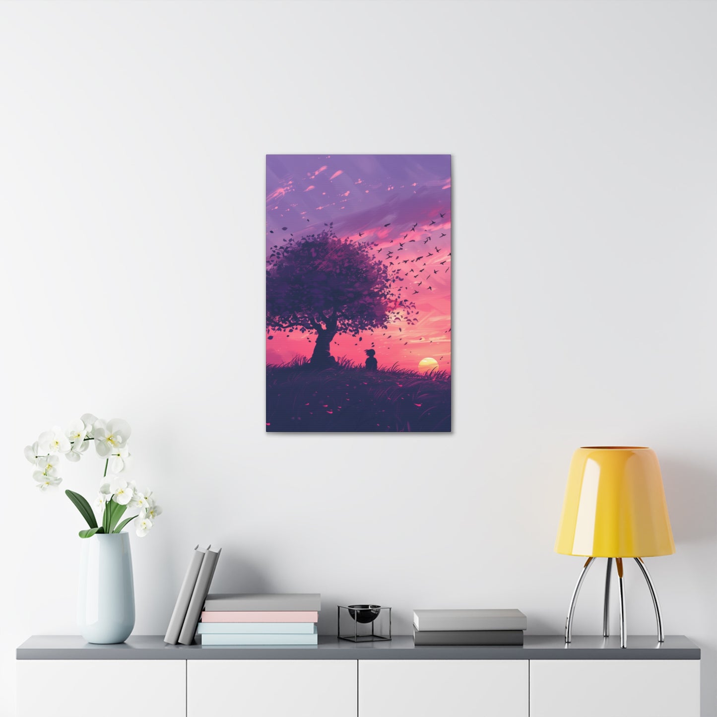 Tree in a Purple Sunset Digital Illustration Canvas Gallery Wraps