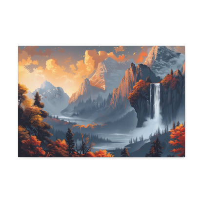 Dreamy Landscape Morning with Waterfall and Mountains - Digital Illustration Canvas Gallery Wraps