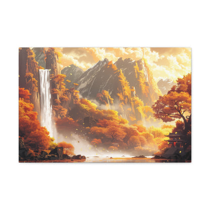 Dreamy Landscape Sunset with Waterfall and Mountains - Digital Illustration Canvas Gallery Wraps