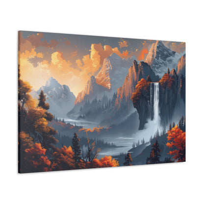 Dreamy Landscape Morning with Waterfall and Mountains - Digital Illustration Canvas Gallery Wraps