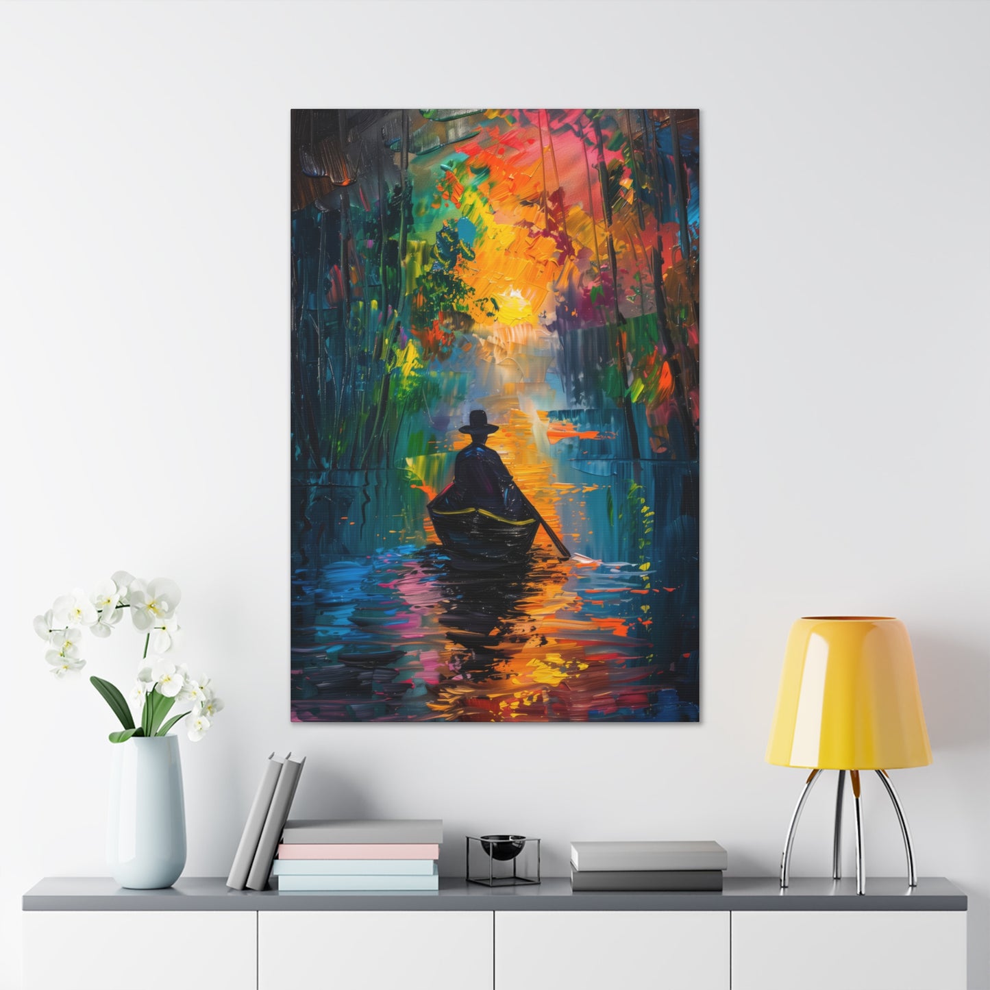 Man Sailing in a Boat in a Autumn Forest River - Claude Monet Style Digital Print Canvas Gallery Wraps