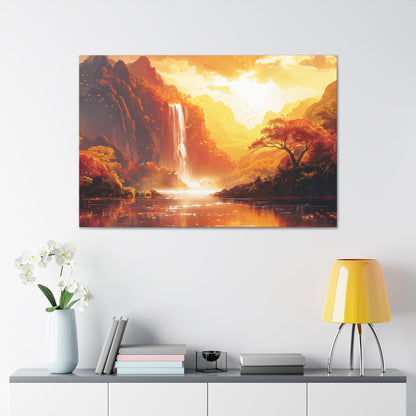 Dreamy Landscape Sunset with Waterfall and Mountains - Digital Illustration Canvas Gallery Wraps