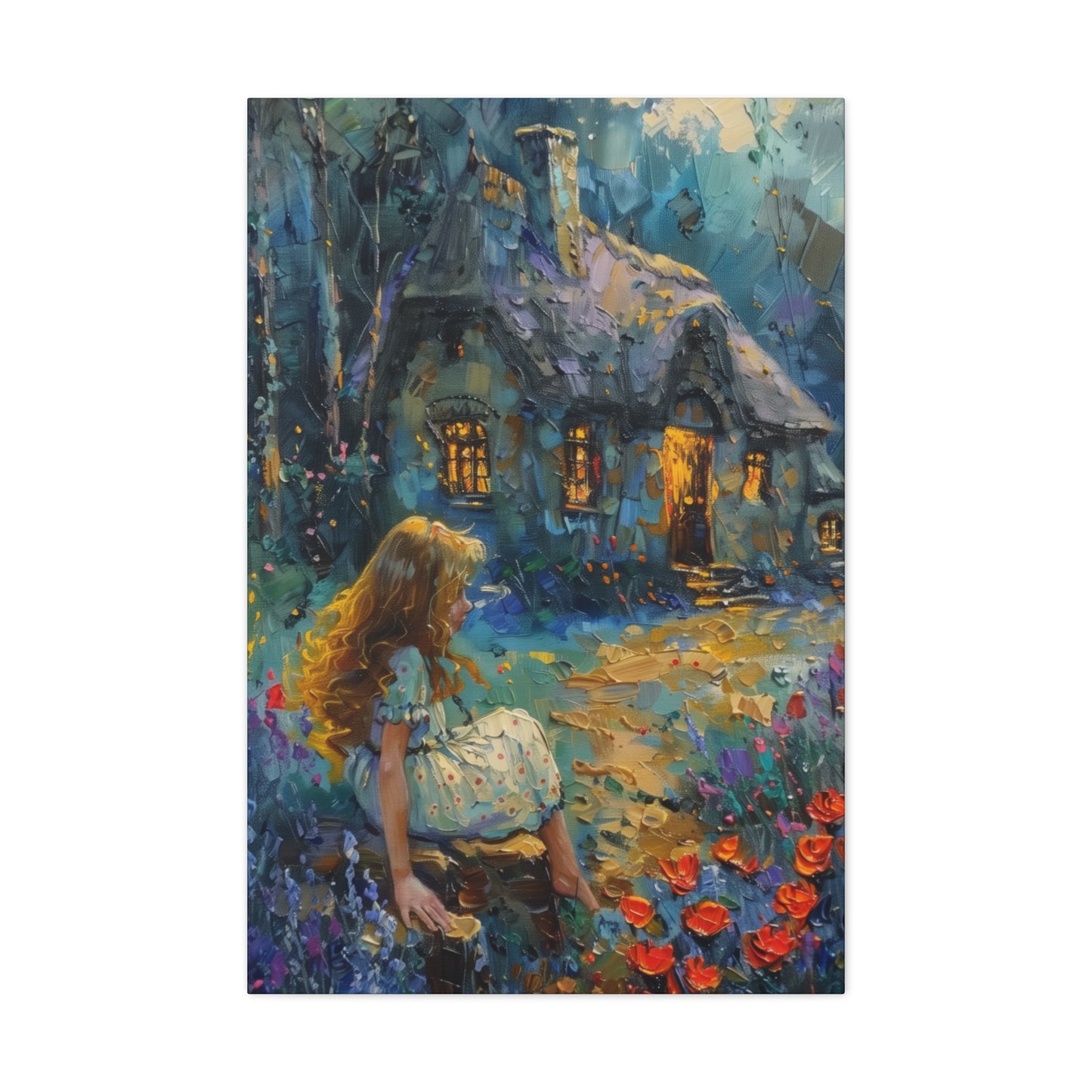 little girl sitting front of a hut in countryside Digital Oil Painting Print Canvas Gallery Wraps