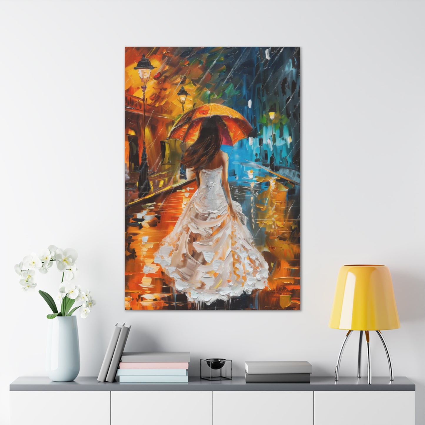 bride walking in street in rain - Leonid Afremov Style Digital Print Canvas Gallery Wraps