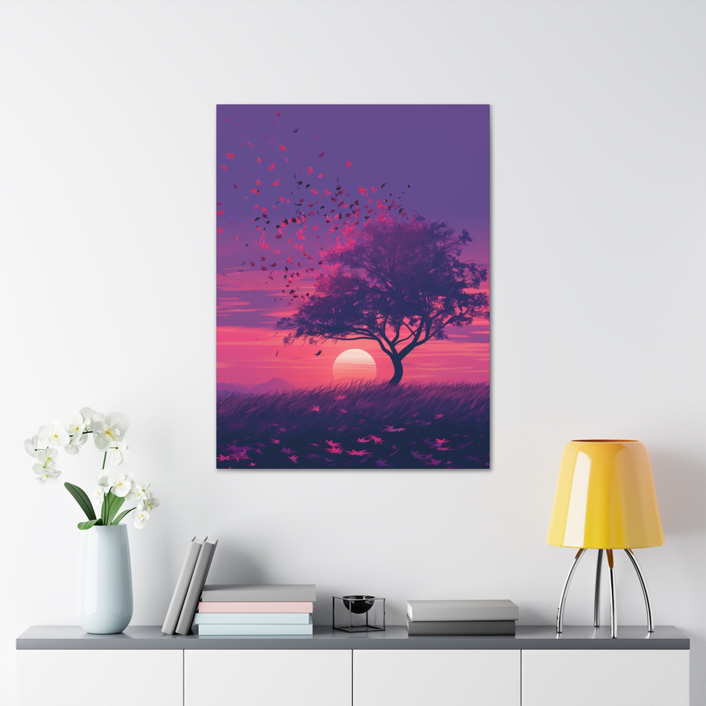 Tree in a Purple Sunset Digital Illustration Canvas Gallery Wraps