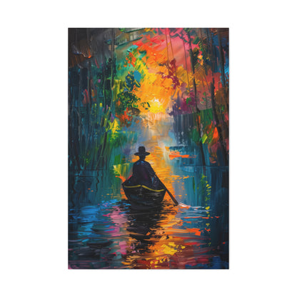 Man Sailing in a Boat in a Autumn Forest River - Claude Monet Style Digital Print Canvas Gallery Wraps