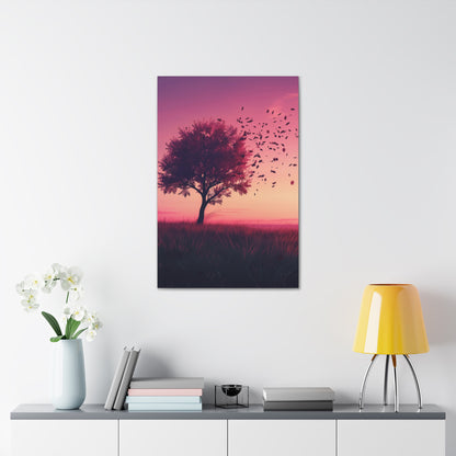 Tree in a Purple Sunset Digital Illustration Canvas Gallery Wraps