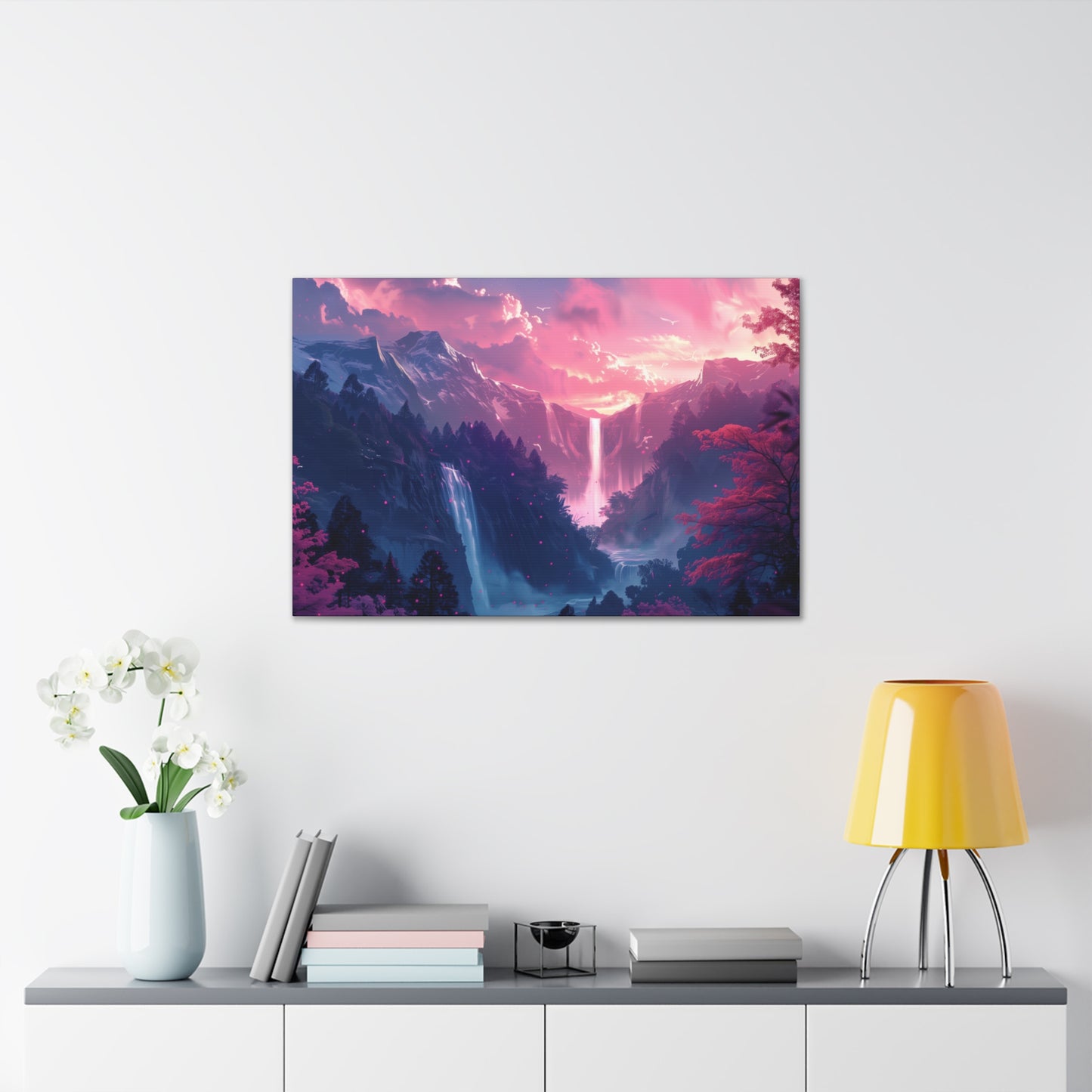 Dreamy Landscape with Waterfall and Mountains - Purple Evening Digital Illustration Canvas Gallery Wraps