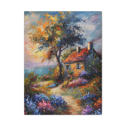 European countryside village old house with garden in medieval times Digital Oil Painting Print Canvas Gallery Wraps