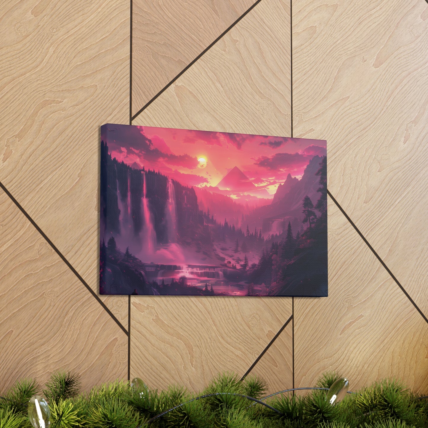 Dreamy Landscape with Waterfall and Mountains - Purple Evening Digital Illustration Canvas Gallery Wraps