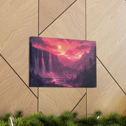 Dreamy Landscape with Waterfall and Mountains - Purple Evening Digital Illustration Canvas Gallery Wraps