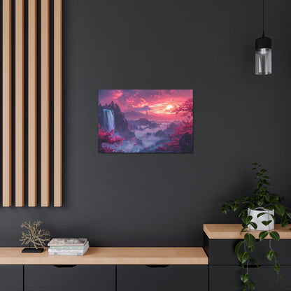 Dreamy Landscape Sunset with Waterfall and Mountains - Digital Illustration Canvas Gallery Wraps