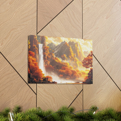 Dreamy Landscape Sunset with Waterfall and Mountains - Digital Illustration Canvas Gallery Wraps