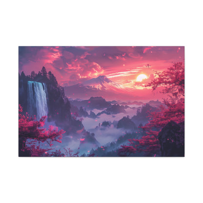 Dreamy Landscape Sunset with Waterfall and Mountains - Digital Illustration Canvas Gallery Wraps