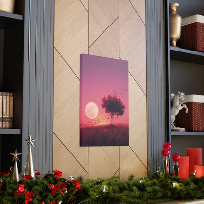 Tree in a Purple Sunset Digital Illustration Canvas Gallery Wraps