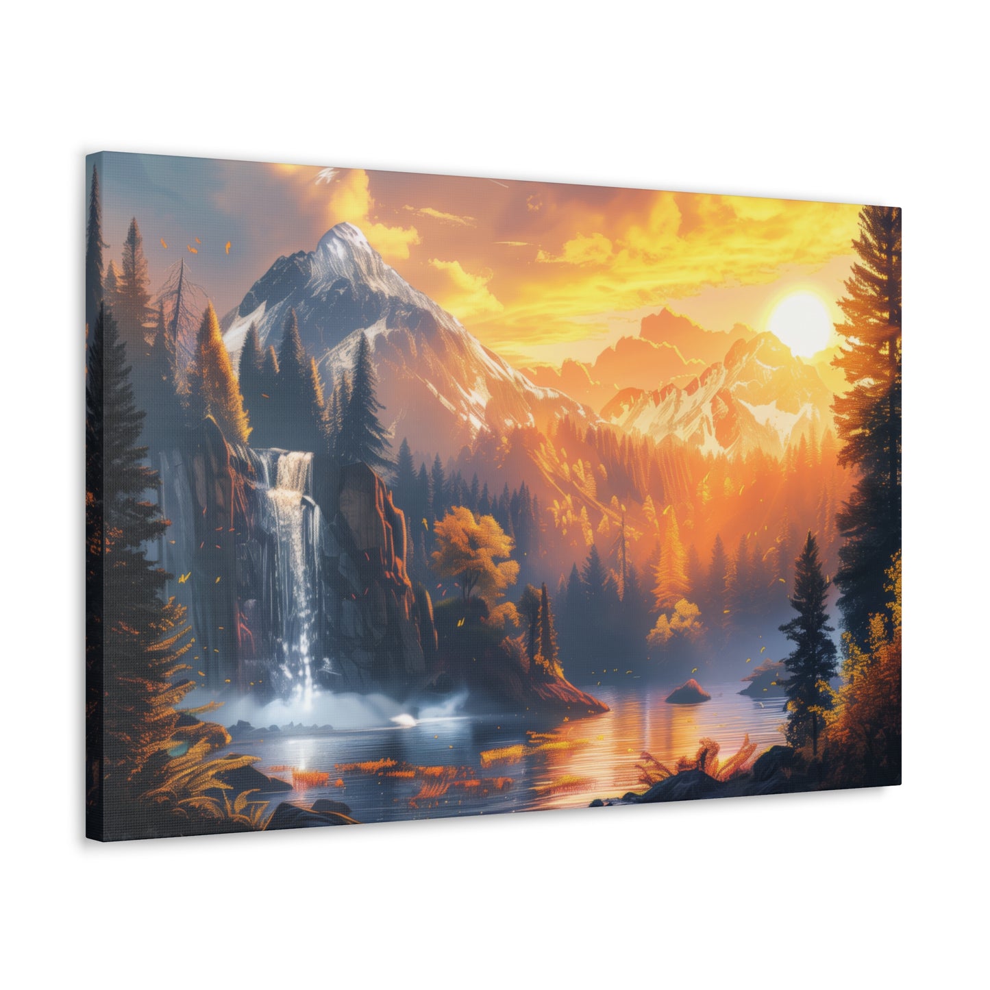 Dreamy Landscape Sunset with Waterfall and Mountains - Digital Illustration Canvas Gallery Wraps