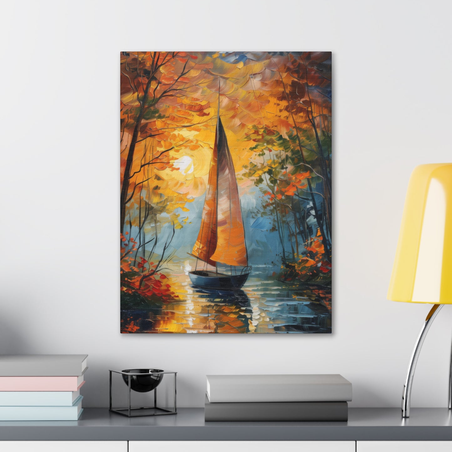 A Boat Sailing Through the Wild River - Leonid Afremov Style Digital Oil Painting Canvas Gallery Wraps