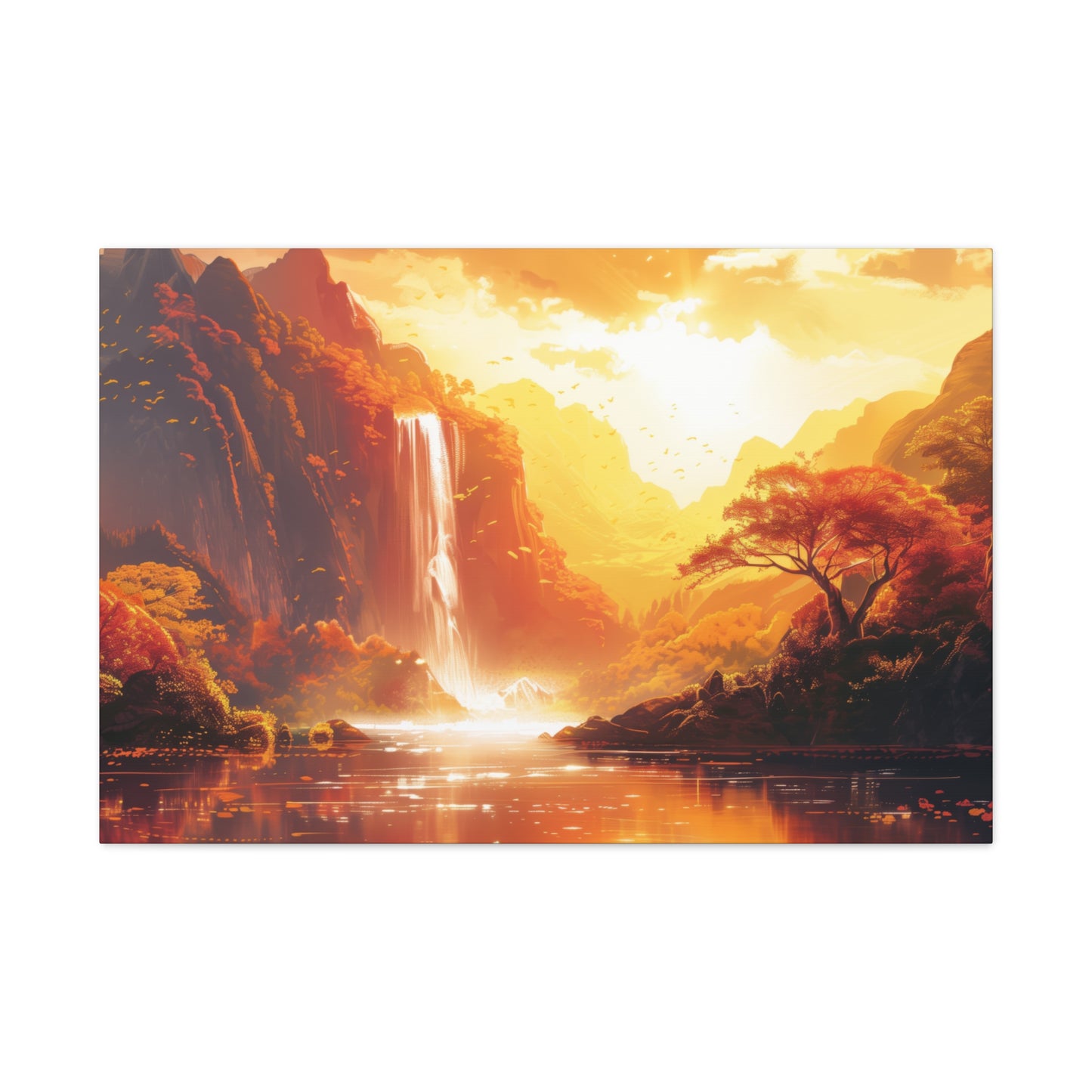 Dreamy Landscape Sunset with Waterfall and Mountains - Digital Illustration Canvas Gallery Wraps