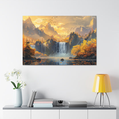 Dreamy Landscape Sunset with Waterfall and Mountains - Digital Illustration Canvas Gallery Wraps