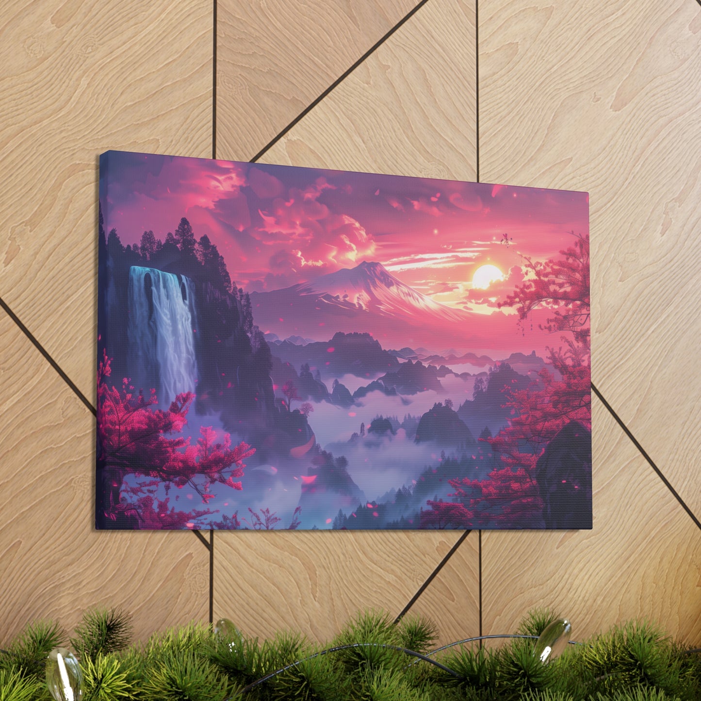 Dreamy Landscape Sunset with Waterfall and Mountains - Digital Illustration Canvas Gallery Wraps