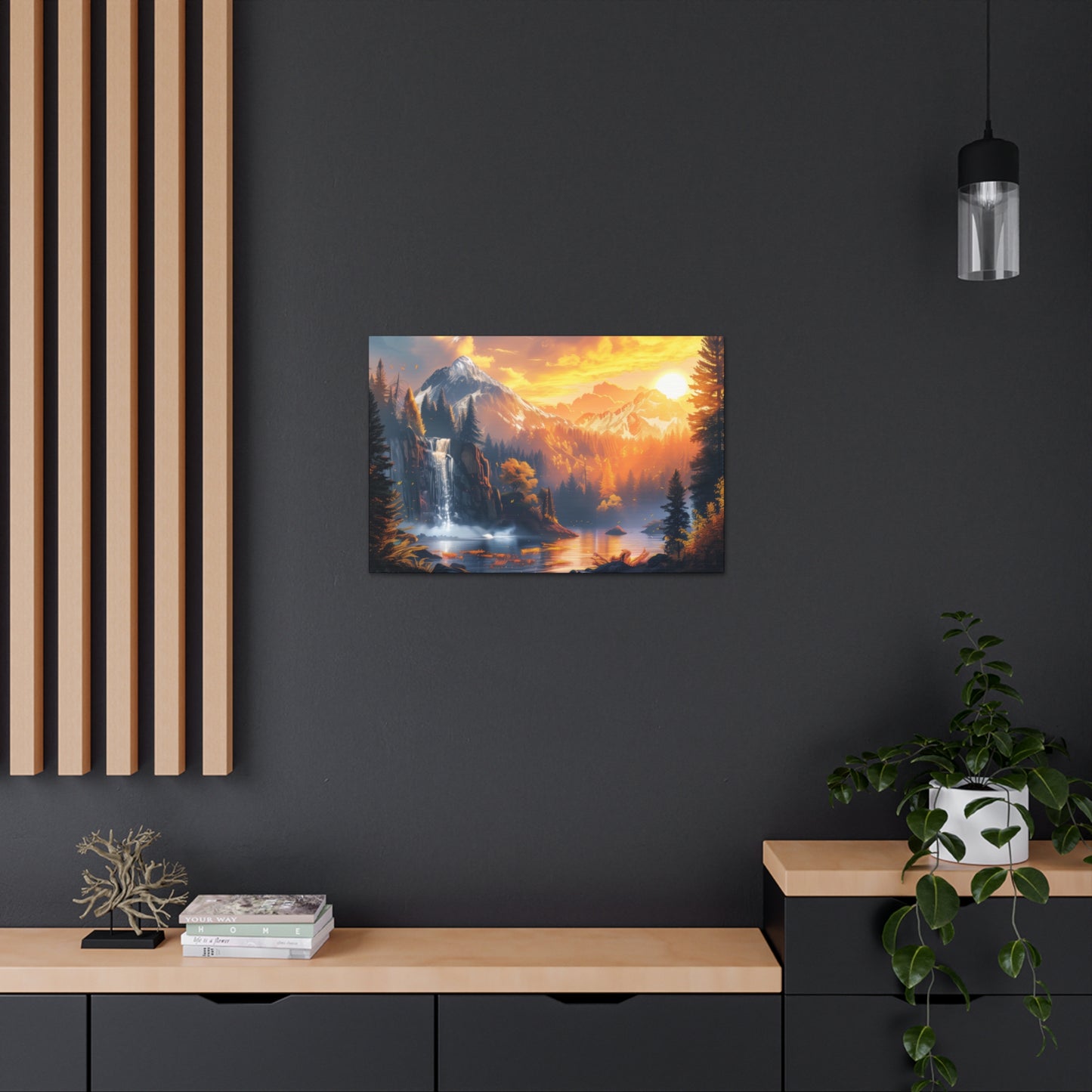 Dreamy Landscape Sunset with Waterfall and Mountains - Digital Illustration Canvas Gallery Wraps