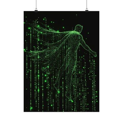 Neon Code Guardian: 3D Glitch Superman Matrix Effect - Digital Illustration Matte Vertical Poster