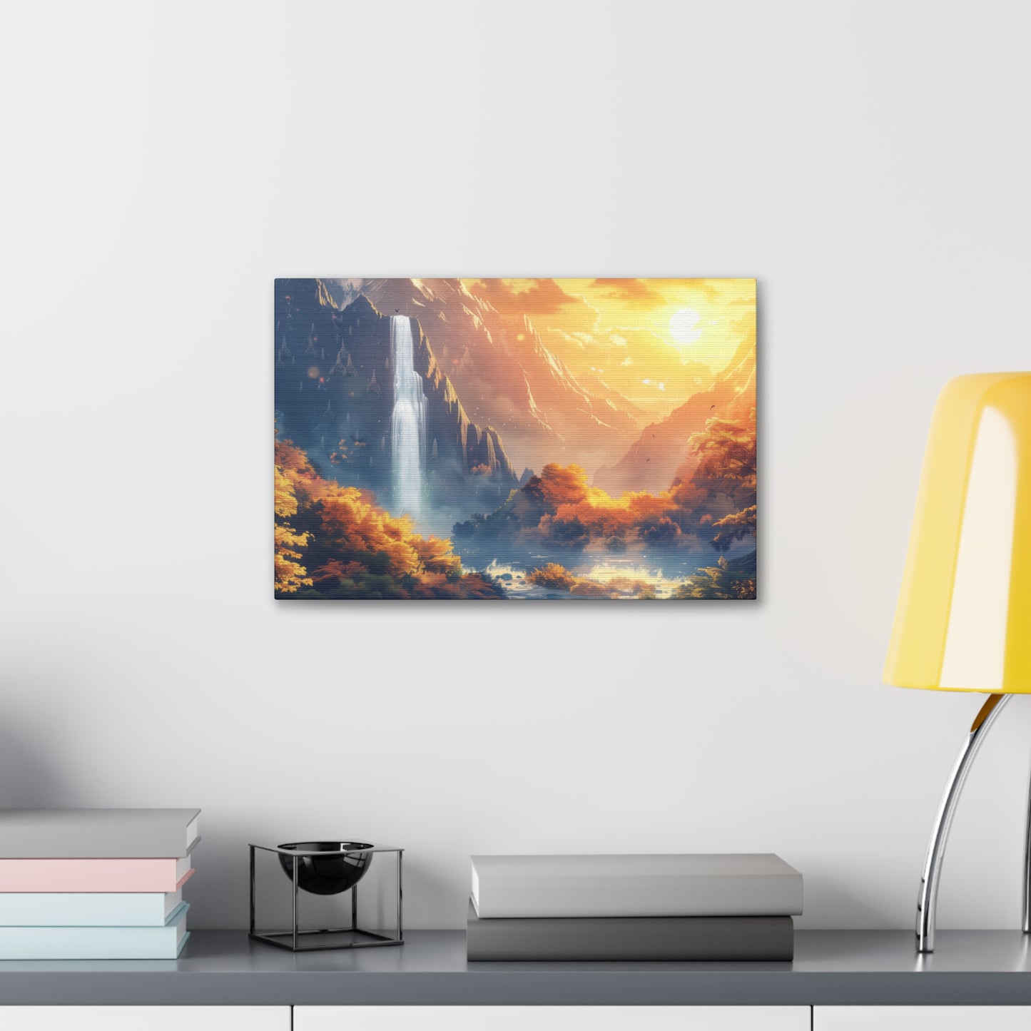 Dreamy Landscape - Waterfall and Mountains in Golden Morning Illustration Canvas Gallery Wraps