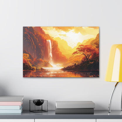 Dreamy Landscape Sunset with Waterfall and Mountains - Digital Illustration Canvas Gallery Wraps