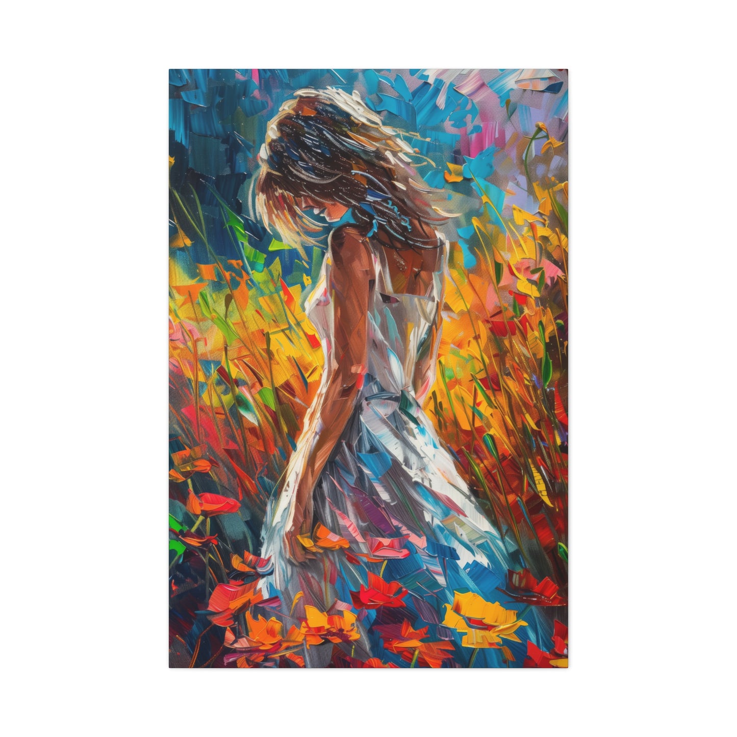 a girl standing in flower field Digital Oil Painting Print Canvas Gallery Wraps