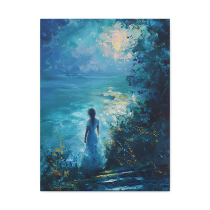 Woman looking at sea night time Digital Oil Painting Print Canvas Gallery Wraps