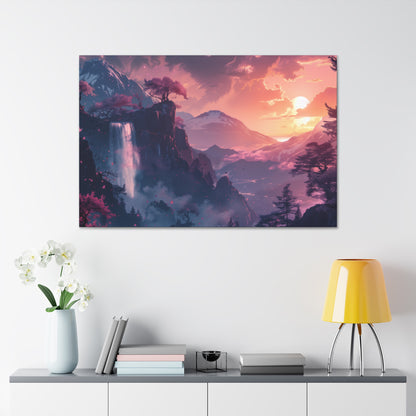 Dreamy Landscape with Waterfall and Mountains - Purple Evening Digital Illustration Canvas Gallery Wraps