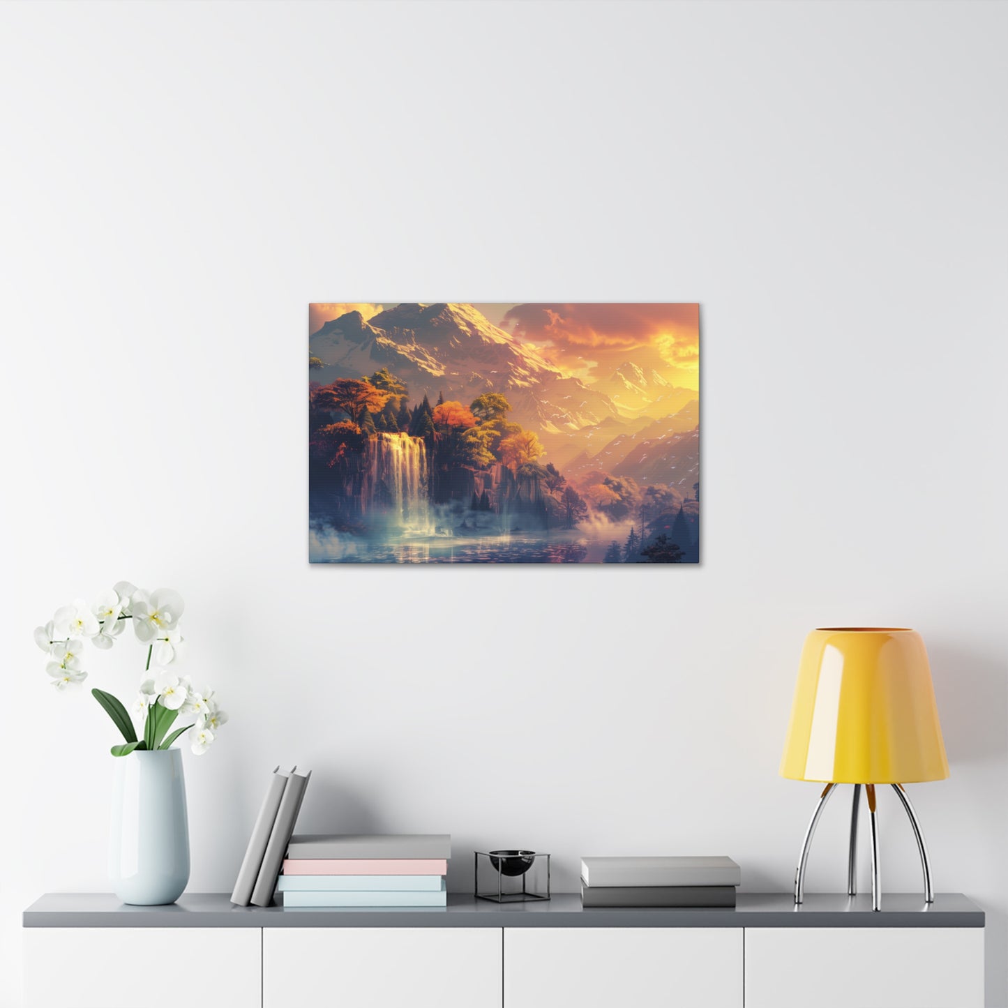 Dreamy Landscape Sunset with Waterfall and Mountains - Digital Illustration Canvas Gallery Wraps