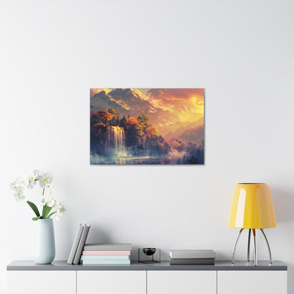 Dreamy Landscape Sunset with Waterfall and Mountains - Digital Illustration Canvas Gallery Wraps