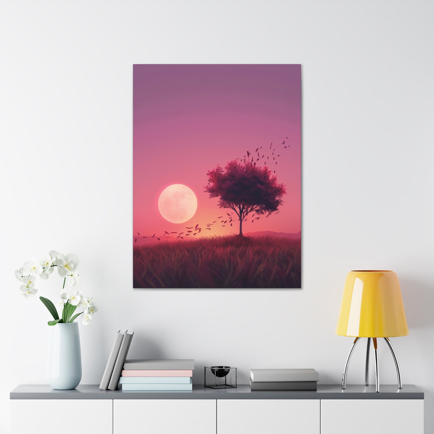 Tree in a Purple Sunset Digital Illustration Canvas Gallery Wraps