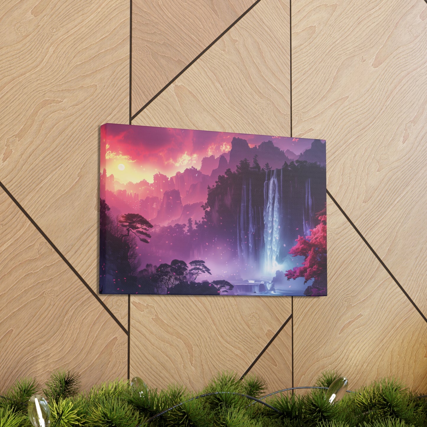 Dreamy Landscape Sunset with Waterfall and Mountains - Digital Illustration Canvas Gallery Wraps