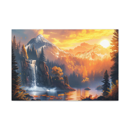 Dreamy Landscape Sunset with Waterfall and Mountains - Digital Illustration Canvas Gallery Wraps