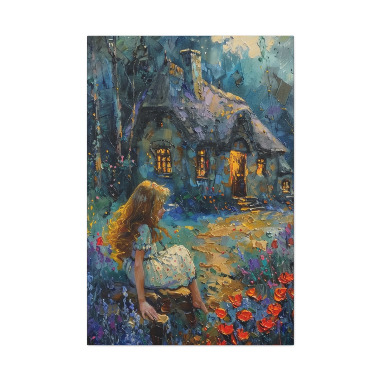 little girl sitting front of a hut in countryside Digital Oil Painting Print Canvas Gallery Wraps