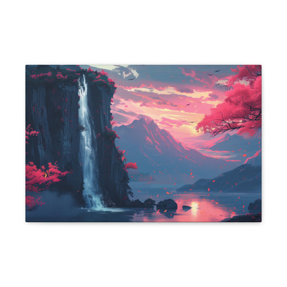 Dreamy Landscape with Waterfall and Mountains - Purple Evening Digital Illustration Canvas Gallery Wraps