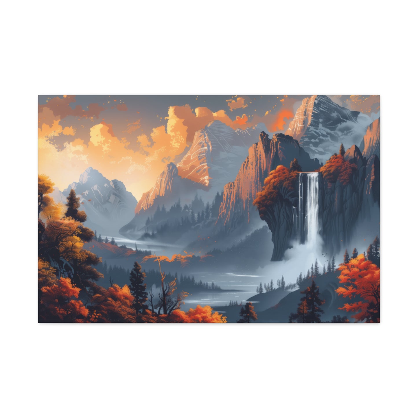 Dreamy Landscape Morning with Waterfall and Mountains - Digital Illustration Canvas Gallery Wraps