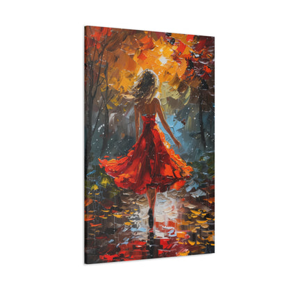 a girl in red dress walking through forest - Leonid Afremov Style Digital Print Canvas Gallery Wraps