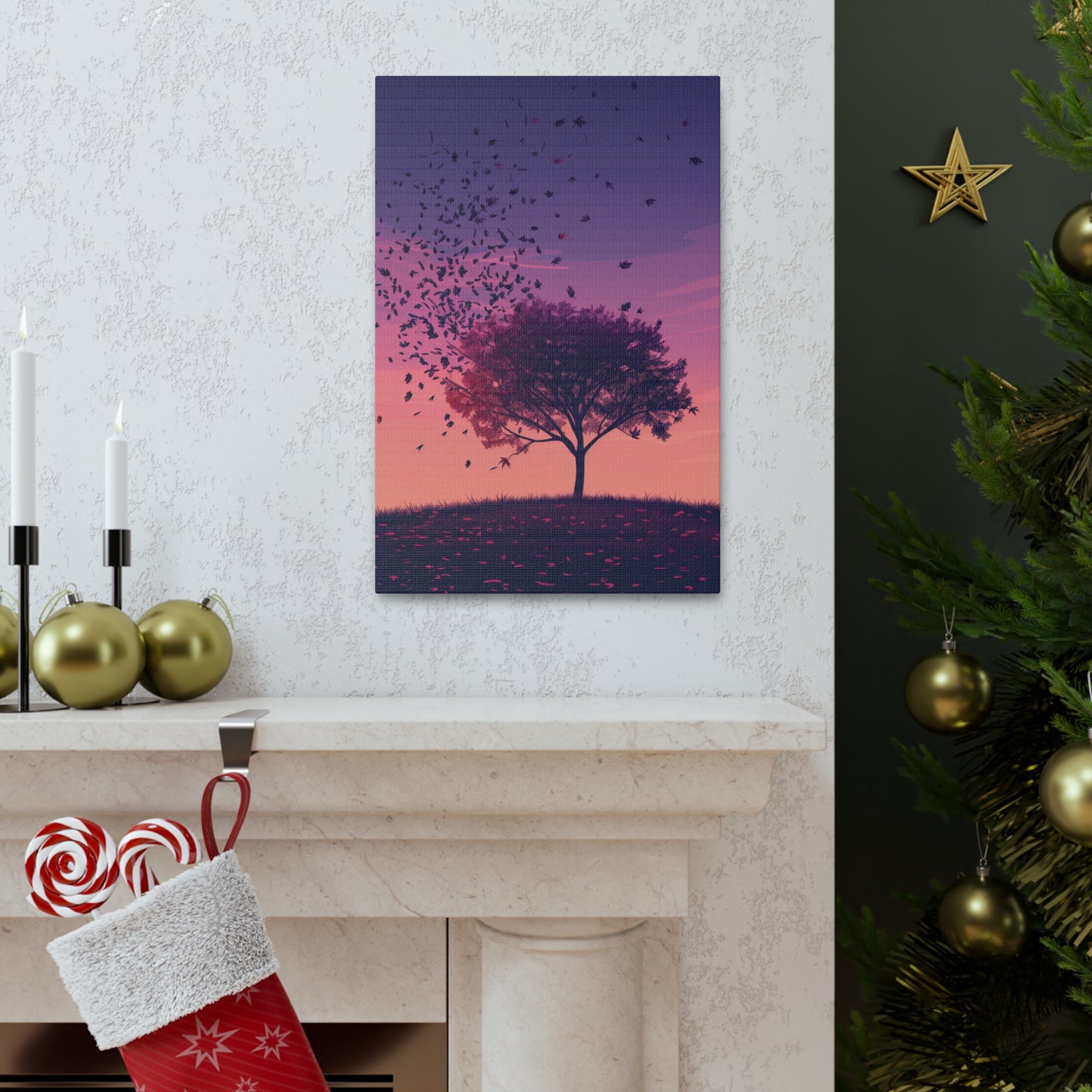 Tree in a Purple Sunset Digital Illustration Canvas Gallery Wraps