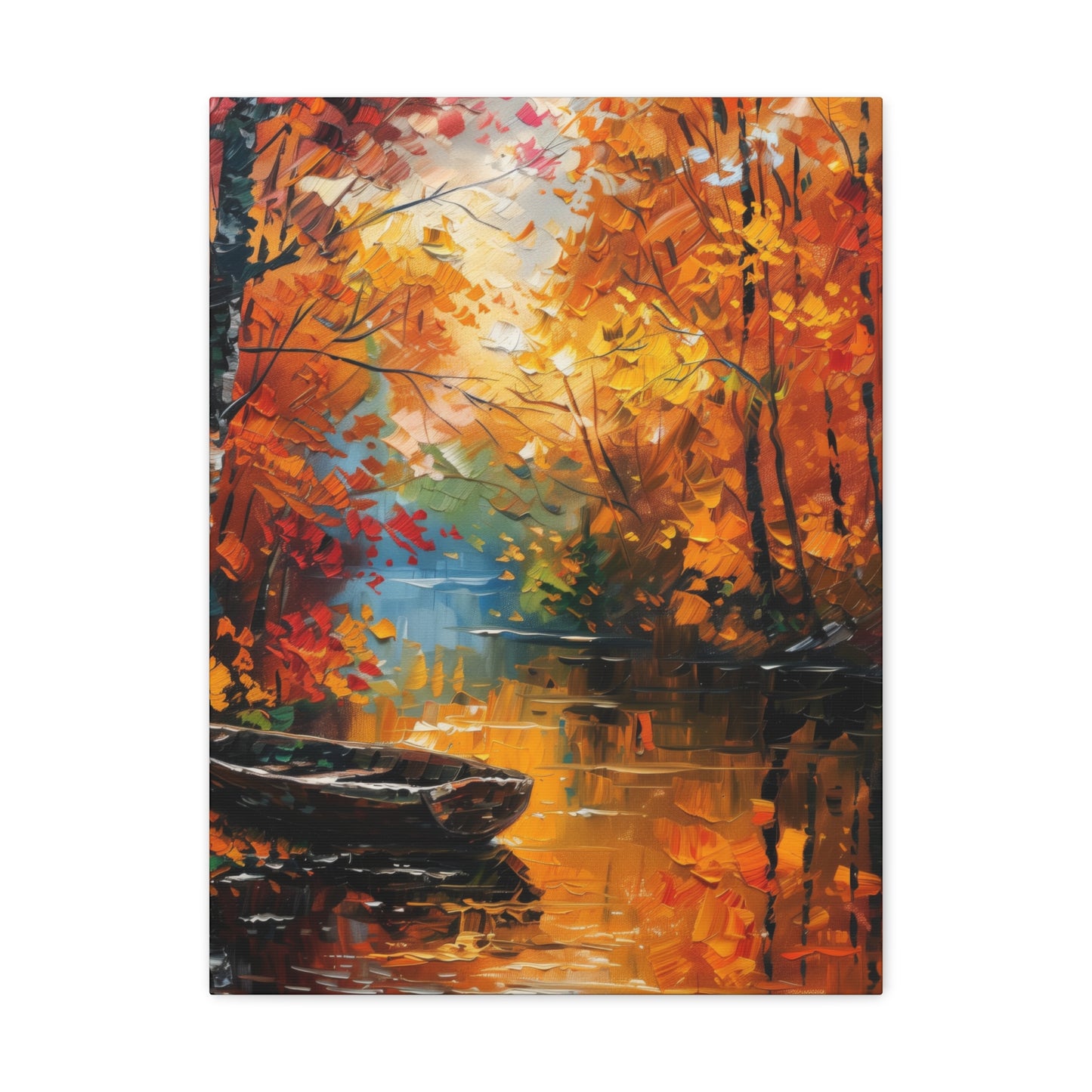 Boat in river side which flows through autumn forest - Leonid Afremov Style Digital Print Canvas Gallery Wraps