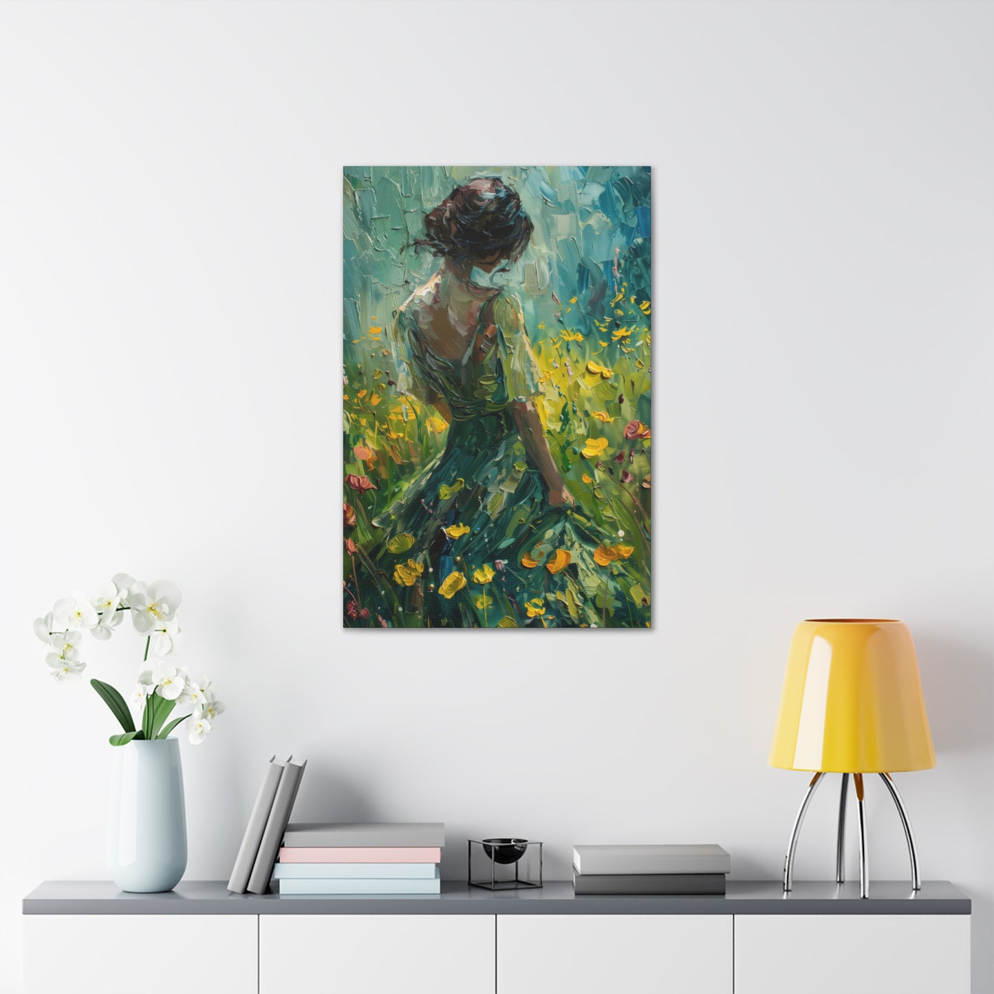 girl in a flower field wearing a green dress Digital Oil Painting Print Canvas Gallery Wraps