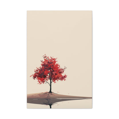 Lone Tree with Red Leaves - Portrait Illustration Canvas Gallery Wraps