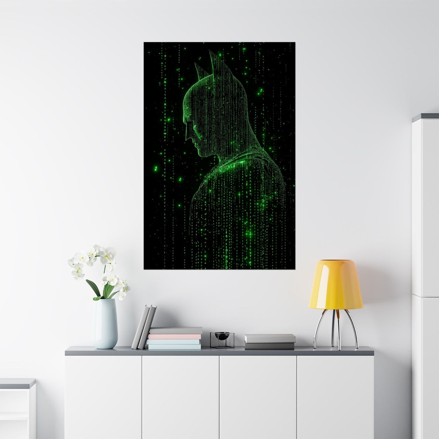 Neon Code Vigilante: 3D Glitch Batman Matrix Effect - Digital Illustration Matte Vertical Poster