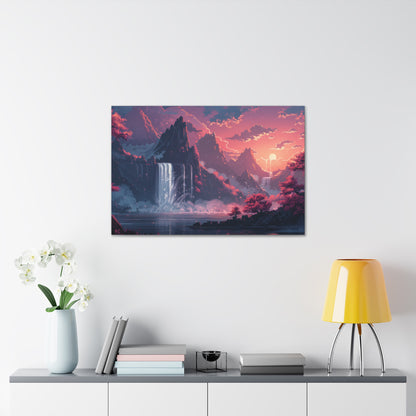 Dreamy Landscape Sunset with Waterfall and Mountains - Digital Illustration Canvas Gallery Wraps