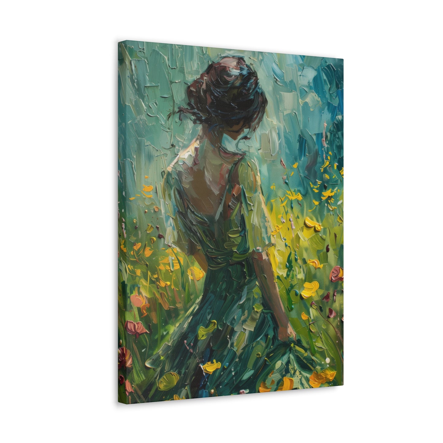 girl in a flower field wearing a green dress Digital Oil Painting Print Canvas Gallery Wraps