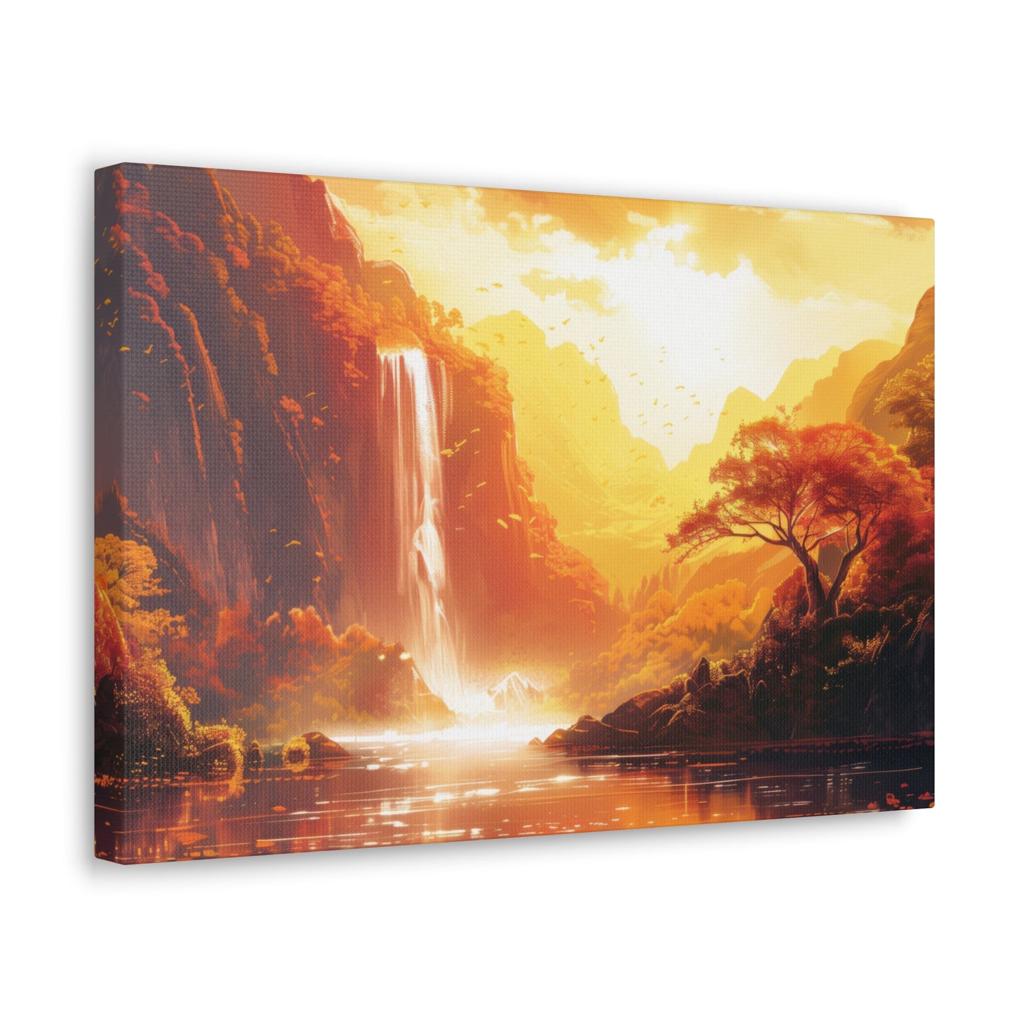 Dreamy Landscape Sunset with Waterfall and Mountains - Digital Illustration Canvas Gallery Wraps