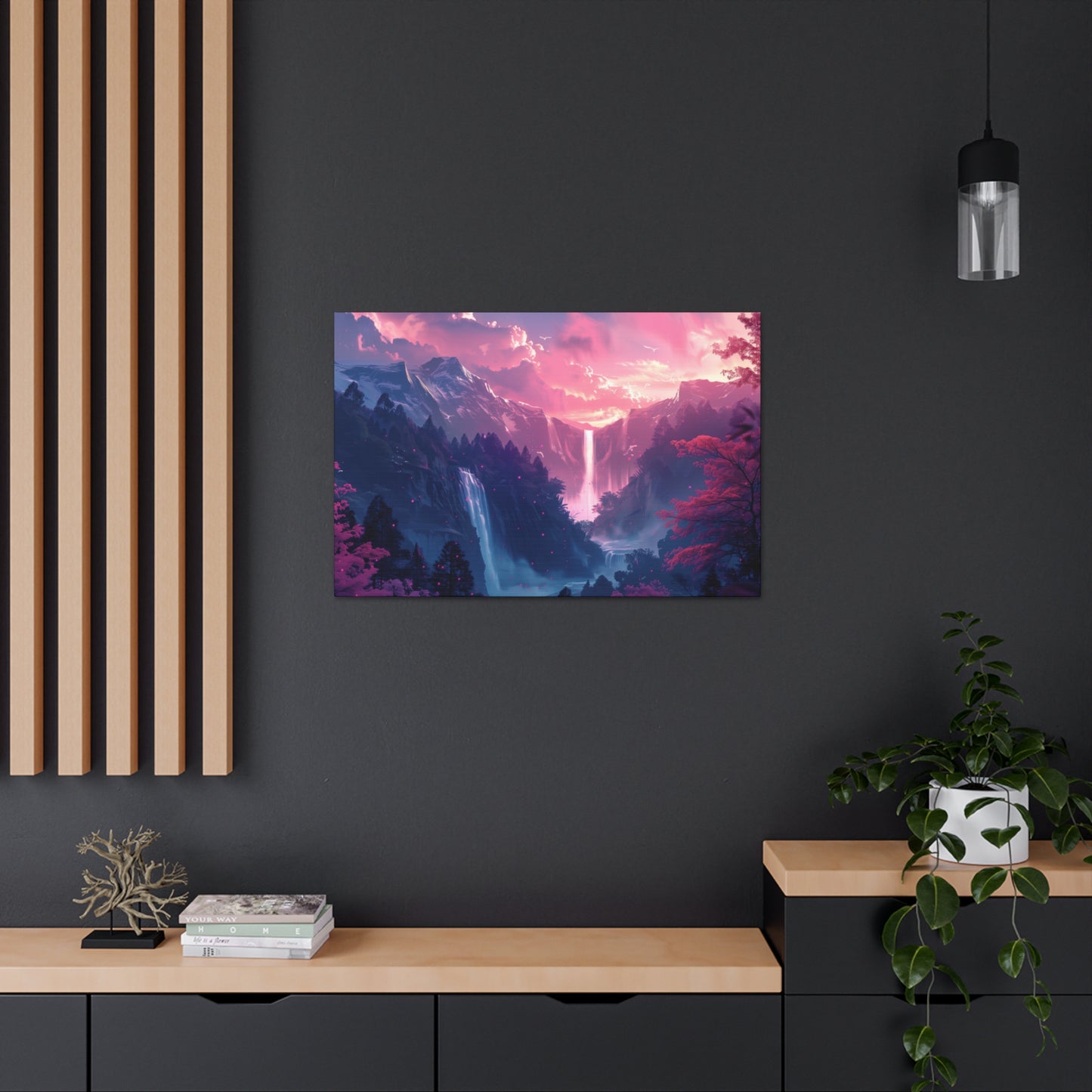 Dreamy Landscape with Waterfall and Mountains - Purple Evening Digital Illustration Canvas Gallery Wraps